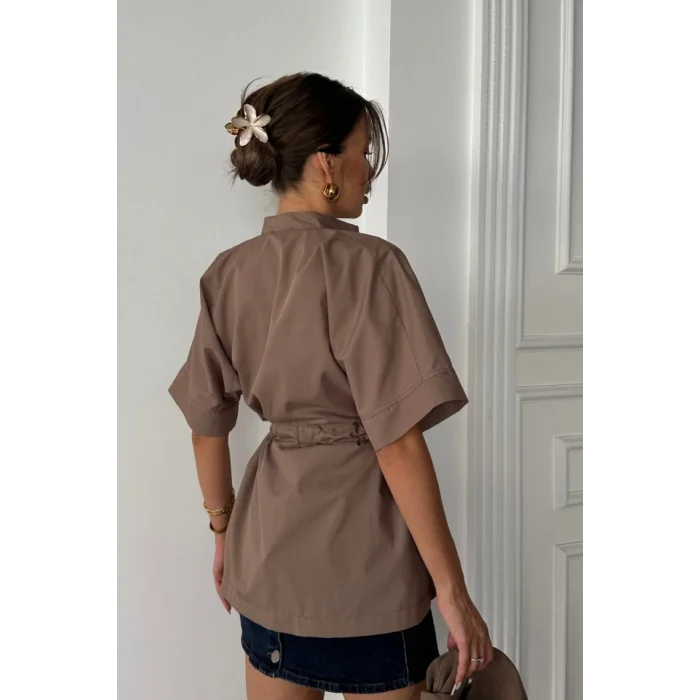 BEL BÜZGÜ DETAYLI POPLİN GÖMLEK - Kahverengi