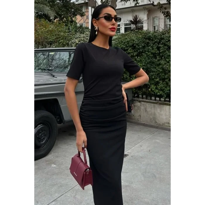 Beli Büzgülü Midi Elbise 2853