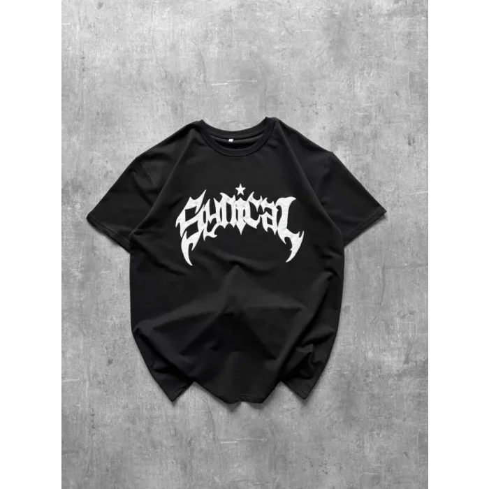 Bisiklet Yaka Ön Baskılı  Kısa Kollu Tişört Streetwear Günlük Basic Pamuklu T-shirt - Siyah