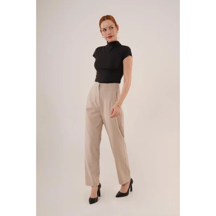 Çift Pens Detaylı Krem Pantolon