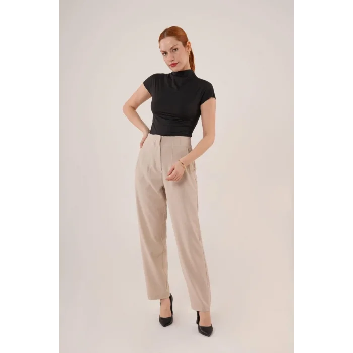 Çift Pens Detaylı Krem Pantolon