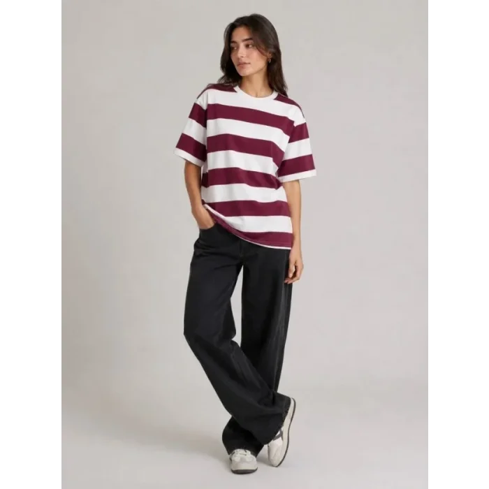 Çizgili Oversize Tişört Bisiklet Yaka Kısa Kol Yazlık T-Shirt - Bordo