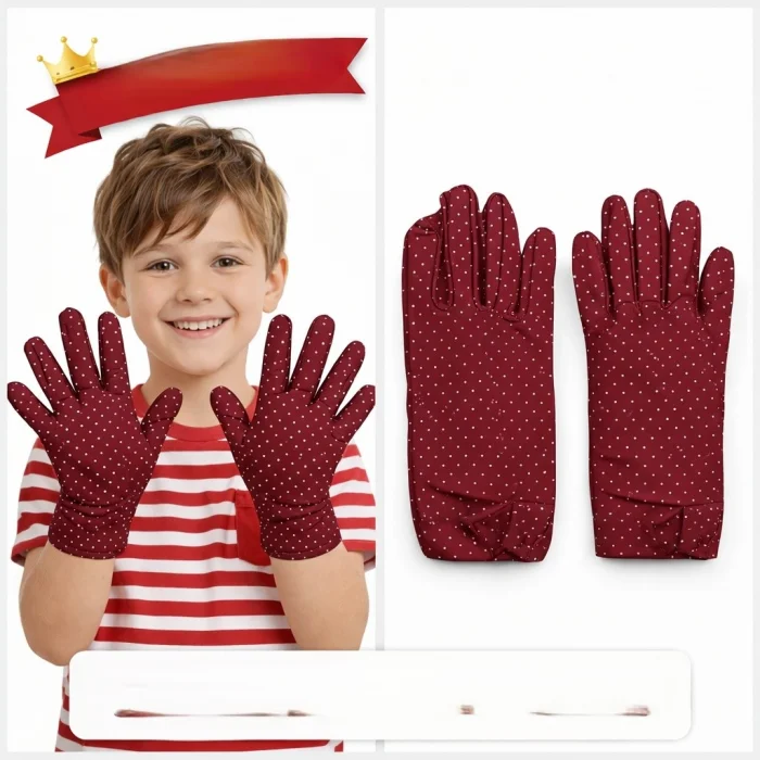 Çocuk Boy Pandomim Eldiveni Beyaz Puantiyeli Bordo Renk Gösteri Eldiveni 23 Nisan 19 Mayıs