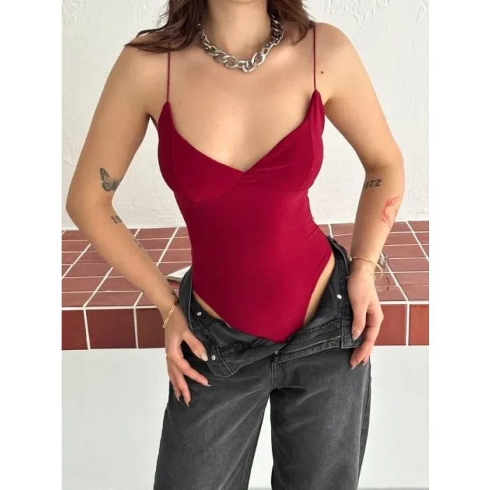 Derin Dekolte Askılı Body Sırt Dekolteli Şık Kolsuz Yazlık Bodysuit - Kırmızı