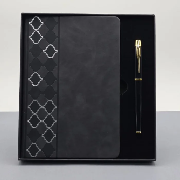 Desenli Siyah Deri Defter Kalem Set