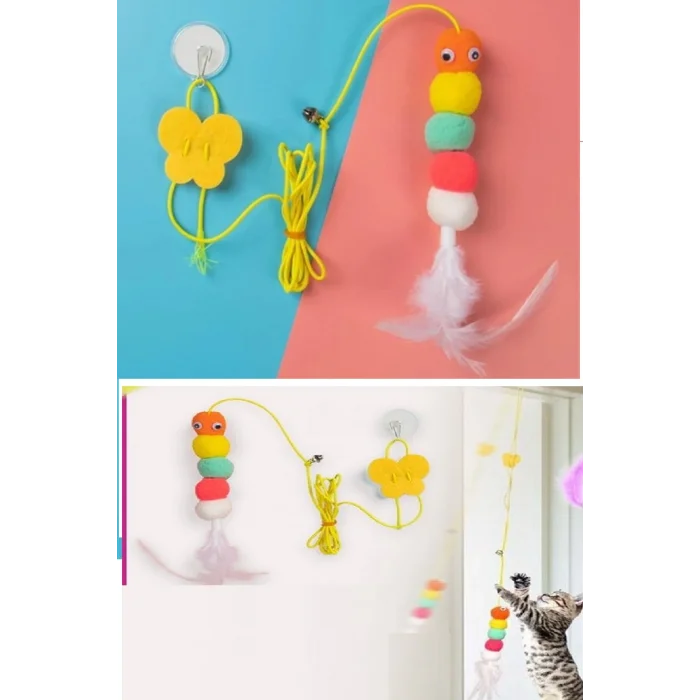 Elastik Tırtıl Kedi Oyuncağı Vantuzlu Lastikli Kedi Zilli Peluş Yakalama Egzersiz Oyuncağı