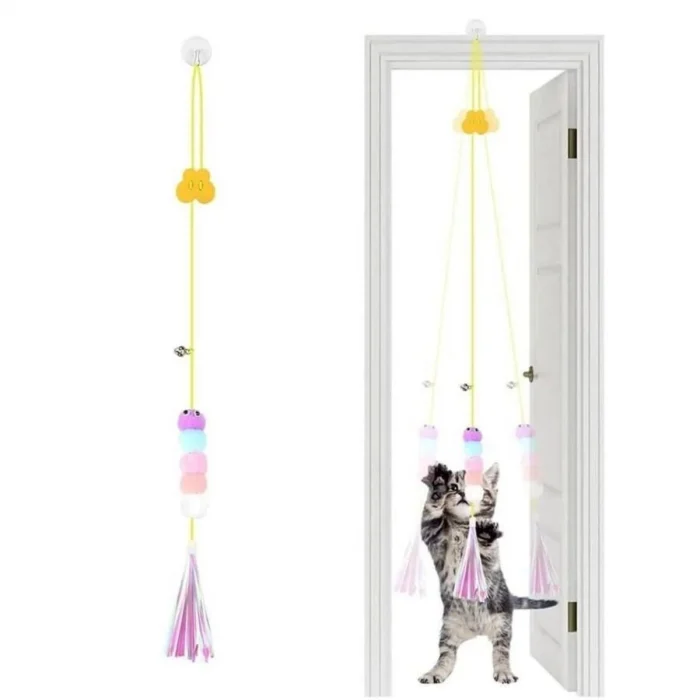 Elastik Tırtıl Kedi Oyuncağı Vantuzlu Lastikli Kedi Zilli Peluş Yakalama Egzersiz Oyuncağı