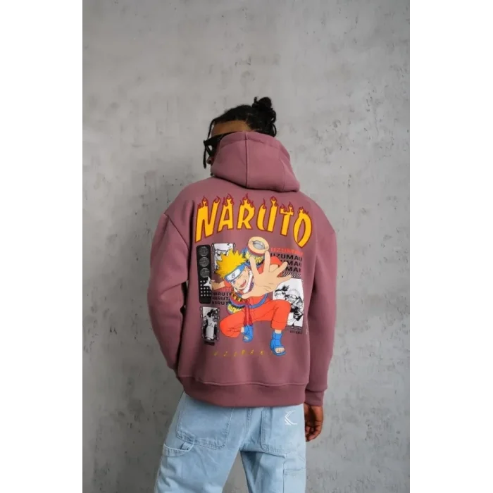 Erkek 3 İplik Pamuklu Kapüşonlu Baskılı Cepli Oversize Sweatshirt Hoodie - Gül Kurusu