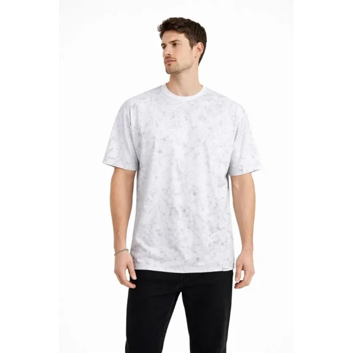 Erkek Asit Yıkama Bisiklet Yaka Kısa Kollu Oversize T-Shirt Tişört - Beyaz