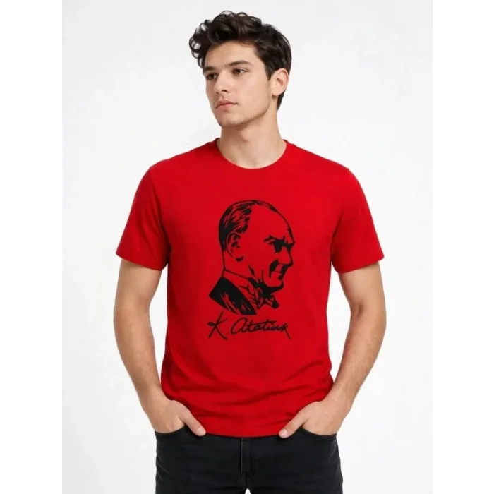 Erkek Atatürk Baskılı Tişört Kısa Kollu Bisiklet Yaka T-Shirt - Kırmızı