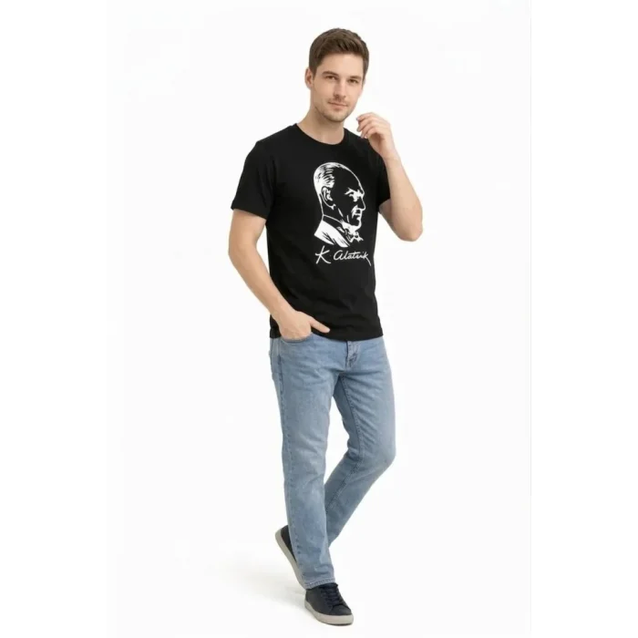Erkek Atatürk Baskılı Tişört Kısa Kollu Bisiklet Yaka T-Shirt - Siyah