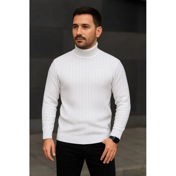 Erkek Balıkcı Yaka Bağazlı Triko Kazak Pamuklu Kalın Fitilli Dokuma, Regular Fit Uzun Kollu Kışlık Model - Beyaz