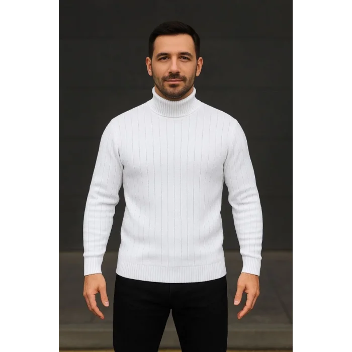 Erkek Balıkcı Yaka Bağazlı Triko Kazak Pamuklu Kalın Fitilli Dokuma, Regular Fit Uzun Kollu Kışlık Model - Beyaz