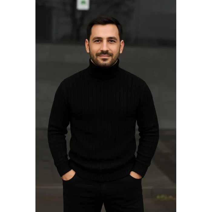 Erkek Balıkcı Yaka Bağazlı Triko Kazak Pamuklu Kalın Fitilli Dokuma, Regular Fit Uzun Kollu Kışlık Model - Siyah