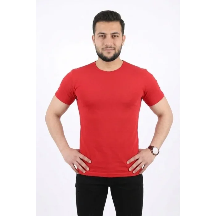 Erkek Basic Tişört Bisiklet Yaka Kısa Kol Günlük Yazlık Slim Fit T-Shirt - Kırmızı