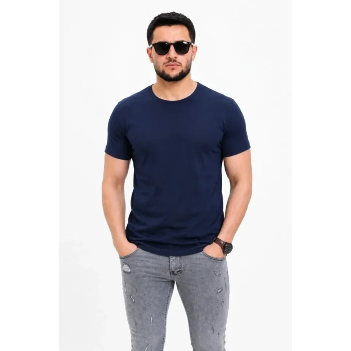 Erkek Basic Tişört Bisiklet Yaka Kısa Kol Günlük Yazlık Slim Fit T-Shirt - Lacivert