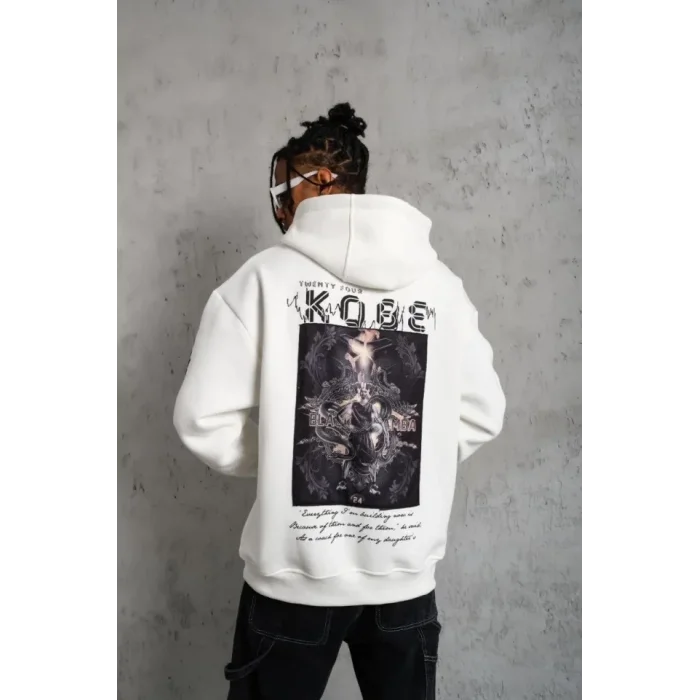 Erkek Baskılı Kapüşonlu Sweat - Beyaz