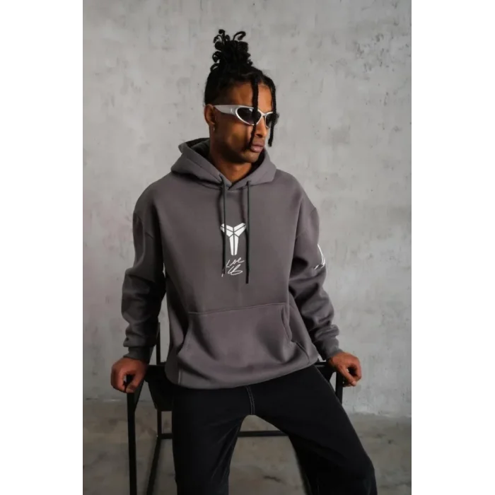 Erkek Baskılı Kapüşonlu Sweat - Gri