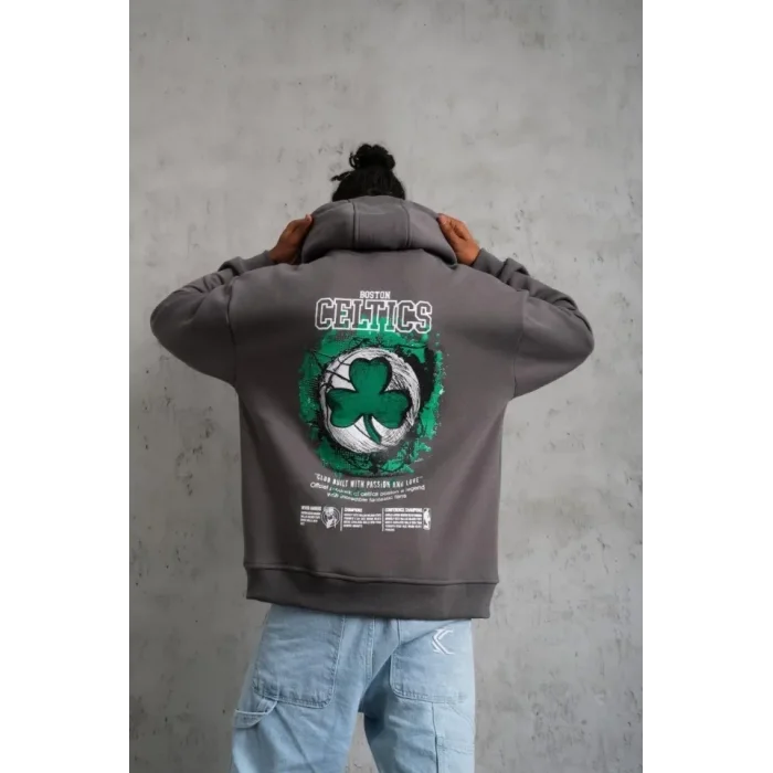 Erkek Baskılı Kapüşonlu Ve Kordon İpli Sweat - Gri