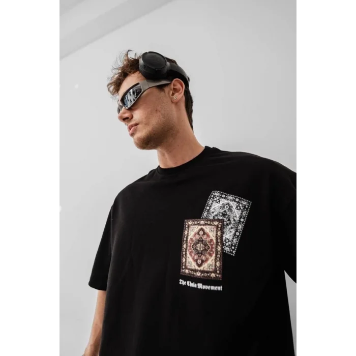 Erkek Baskılı Oversize T-shirt - Siyah