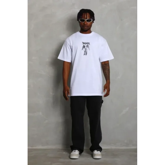 Erkek Baskılı T-Shirt Kısa Kol Bisiklet Yaka Regular Fit Rahat Kalıp Günlük Tişört - Beyaz