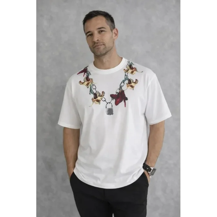 Erkek Baskılı T-Shirt Kısa Kol Bisiklet Yaka Regular Fit Rahat Kalıp Günlük Tişört - Beyaz