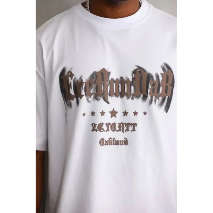 Erkek Baskılı T-Shirt Kısa Kol Bisiklet Yaka Regular Fit Rahat Kalıp Günlük Tişört - Beyaz