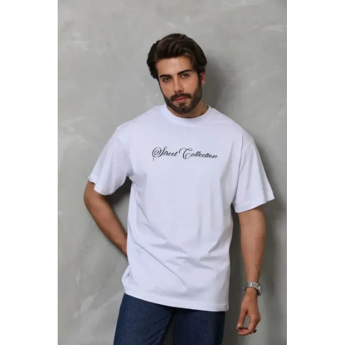 Erkek Baskılı T-Shirt Kısa Kol Bisiklet Yaka Regular Fit Rahat Kalıp Günlük Tişört - Beyaz