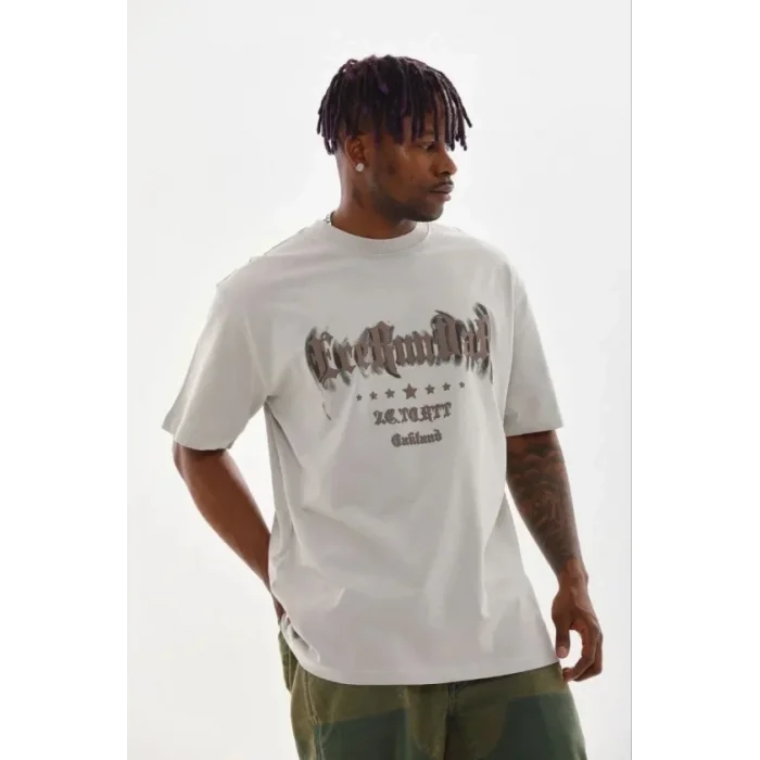 Erkek Baskılı T-Shirt Kısa Kol Bisiklet Yaka Regular Fit Rahat Kalıp Günlük Tişört - Gri