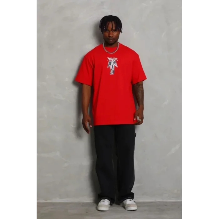 Erkek Baskılı T-Shirt Kısa Kol Bisiklet Yaka Regular Fit Rahat Kalıp Günlük Tişört - Kırmızı