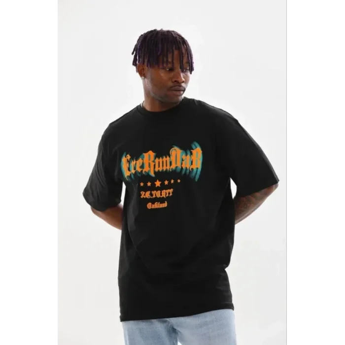 Erkek Baskılı T-Shirt Kısa Kol Bisiklet Yaka Regular Fit Rahat Kalıp Günlük Tişört - Siyah