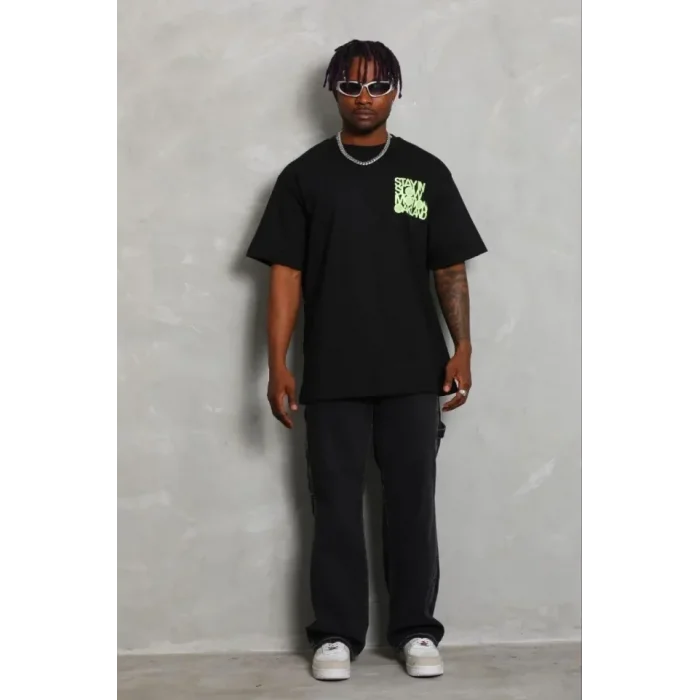 Erkek Baskılı T-Shirt Kısa Kol Bisiklet Yaka Regular Fit Rahat Kalıp Günlük Tişört - Siyah