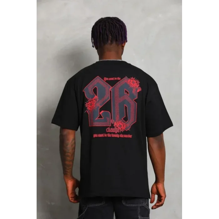 Erkek Baskılı Tişort Kısa Kol Bisiklet Yaka Ovarsize T-Shirt - Siyah