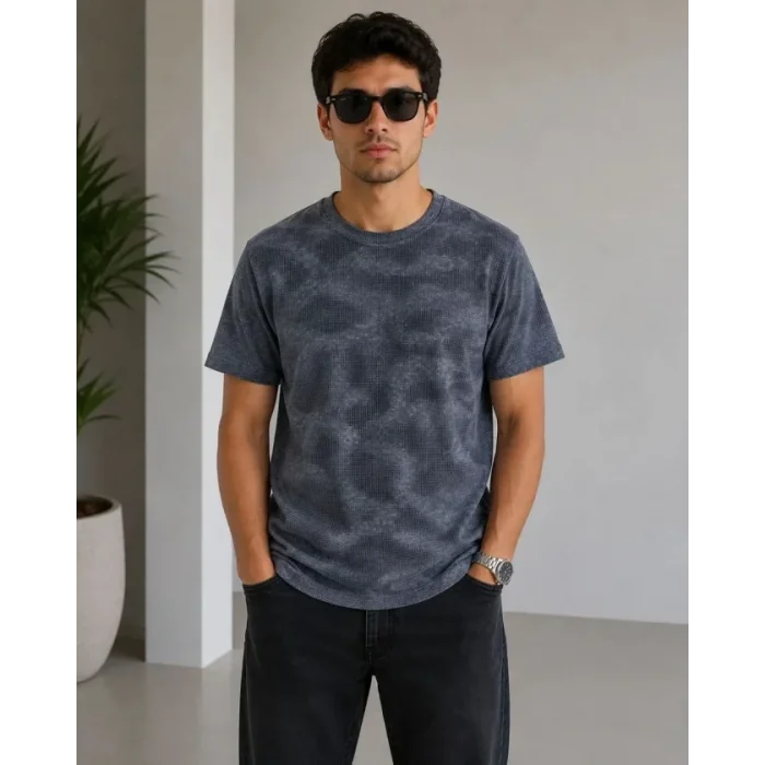 Erkek Batik Desenli Tişört Bisiklet Yaka Kısa Kol Regular Fit T-shirt - Füme