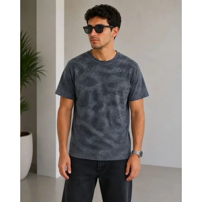 Erkek Batik Desenli Tişört Bisiklet Yaka Kısa Kol Regular Fit T-shirt - Füme