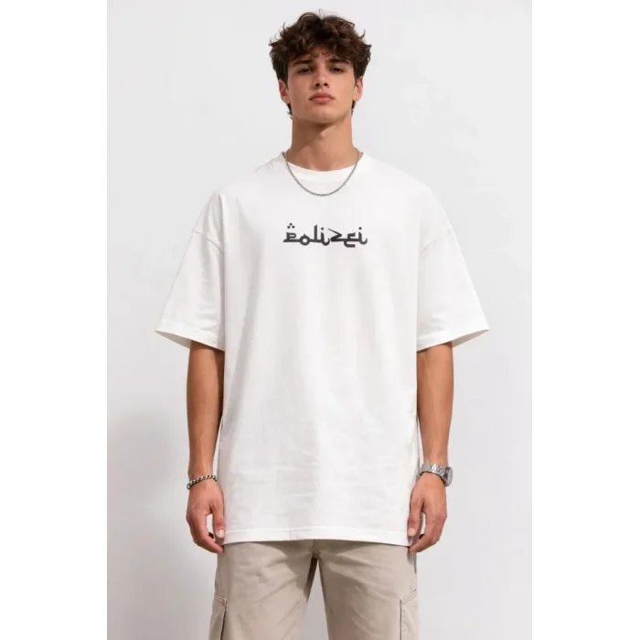 Erkek Bisiklet Yaka Baskılı Kısa Kollu Tişört Streetwear Günlük Basic Pamuklu T-shirt - Beyaz