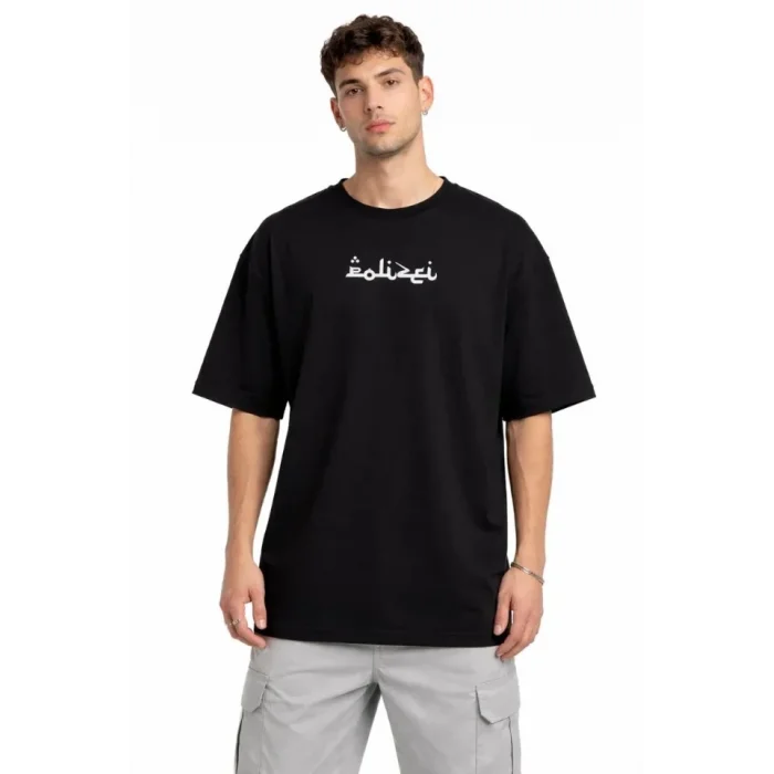 Erkek Bisiklet Yaka Baskılı Kısa Kollu Tişört Streetwear Günlük Basic Pamuklu T-shirt - Siyah