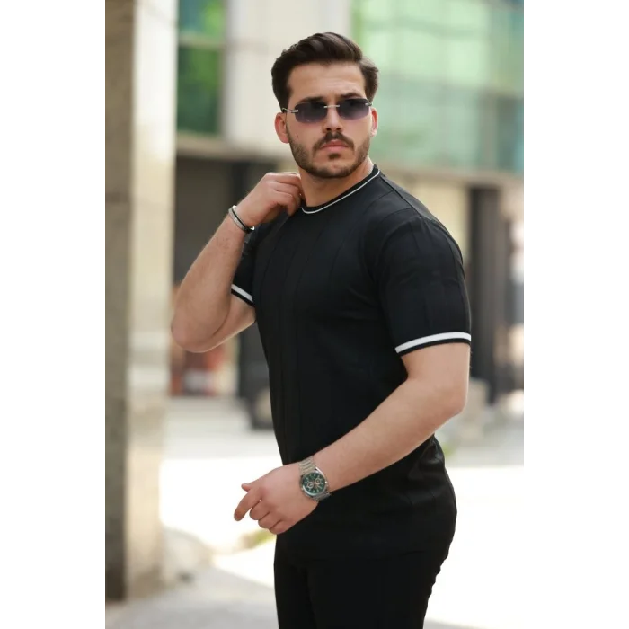 Erkek Bisiklet Yaka çizgi Desenli Ribanalı Kısa Kollu Tshirt