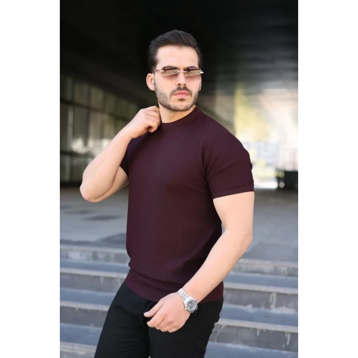 Erkek Bisiklet Yaka Petek Dokulu Kısa Kollu Triko Tişört