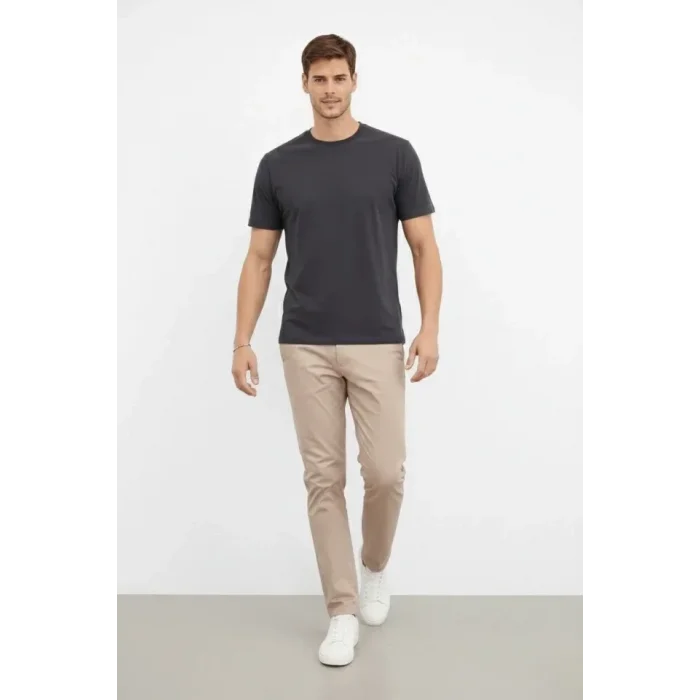 Erkek Bisiklet Yaka Tişört Regular Kalıp Basic Pamuklu Günlük Kullanım T-shirt - Füme