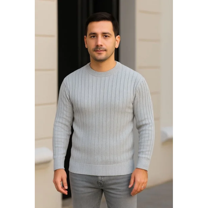 Erkek Bisiklet Yuvarlak Yaka Triko Kazak Pamuklu Kalın Fitilli Dokuma, Regular Fit Uzun Kollu Kışlık Model - Gri