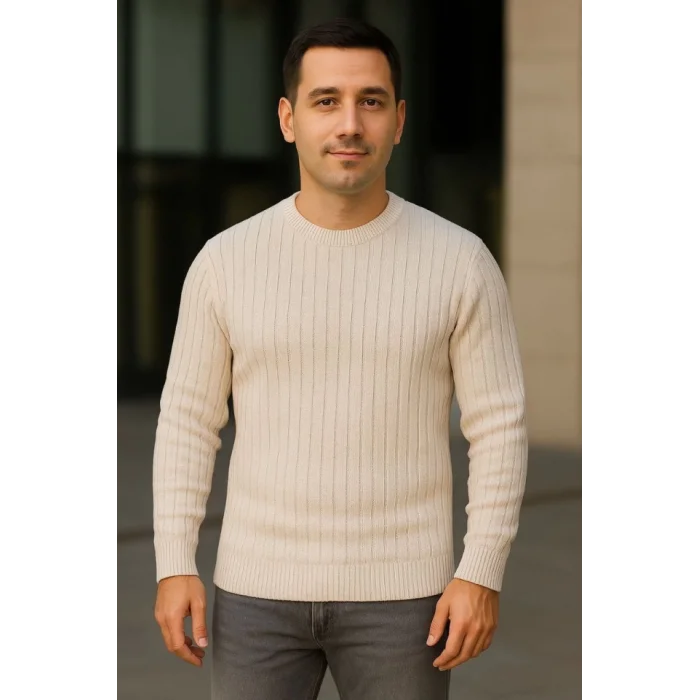 Erkek Bisiklet Yuvarlak Yaka Triko Kazak Pamuklu Kalın Fitilli Dokuma, Regular Fit Uzun Kollu Kışlık Model - Bej