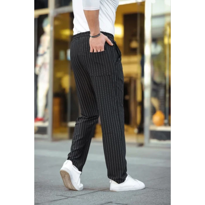 Erkek Cizgili Dokuma Krep Jogger Buggy Pantalon Rahat Kalıp - Siyah