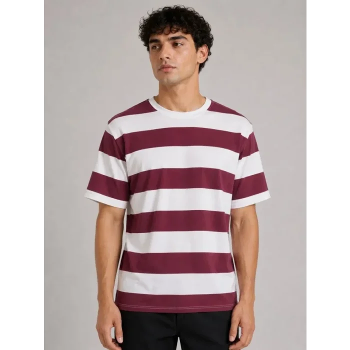 Erkek Çizgili Oversize Tişört Bisiklet Yaka Kısa Kol Yazlık T-Shirt - Bordo