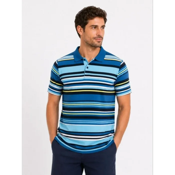 Erkek Çizgili Polo Yaka Tişört Kısa Kol Yazlık T-Shirt Regular Fit - Mavi