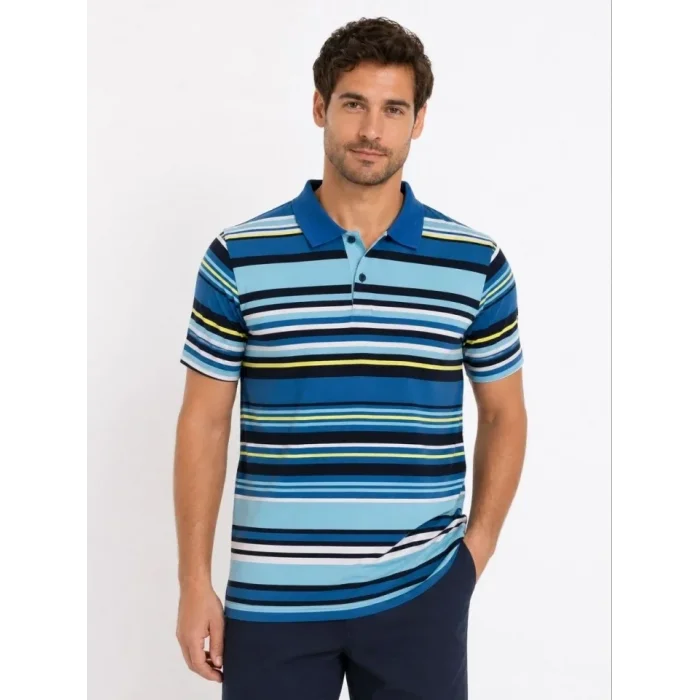Erkek Çizgili Polo Yaka Tişört Kısa Kol Yazlık T-Shirt Regular Fit - Mavi