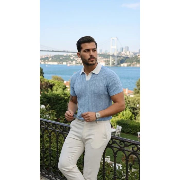 Erkek Desenli Kısa Kollu Triko Tişört - %100 Pamuk Akrilik