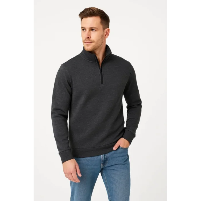 Erkek Dik Yaka Sweatshirt Dik Yaka Yarım Fermuarlı 3 İplik Şardonlu Pamuk Kumaş - Antrasit