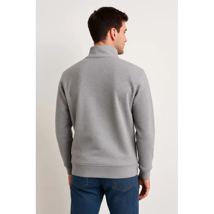 Erkek Dik Yaka Sweatshirt Dik Yaka Yarım Fermuarlı 3 İplik Şardonlu Pamuk Kumaş - Gri