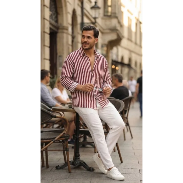 Erkek Dikey Çizgili Yarım Oversize Gömlek